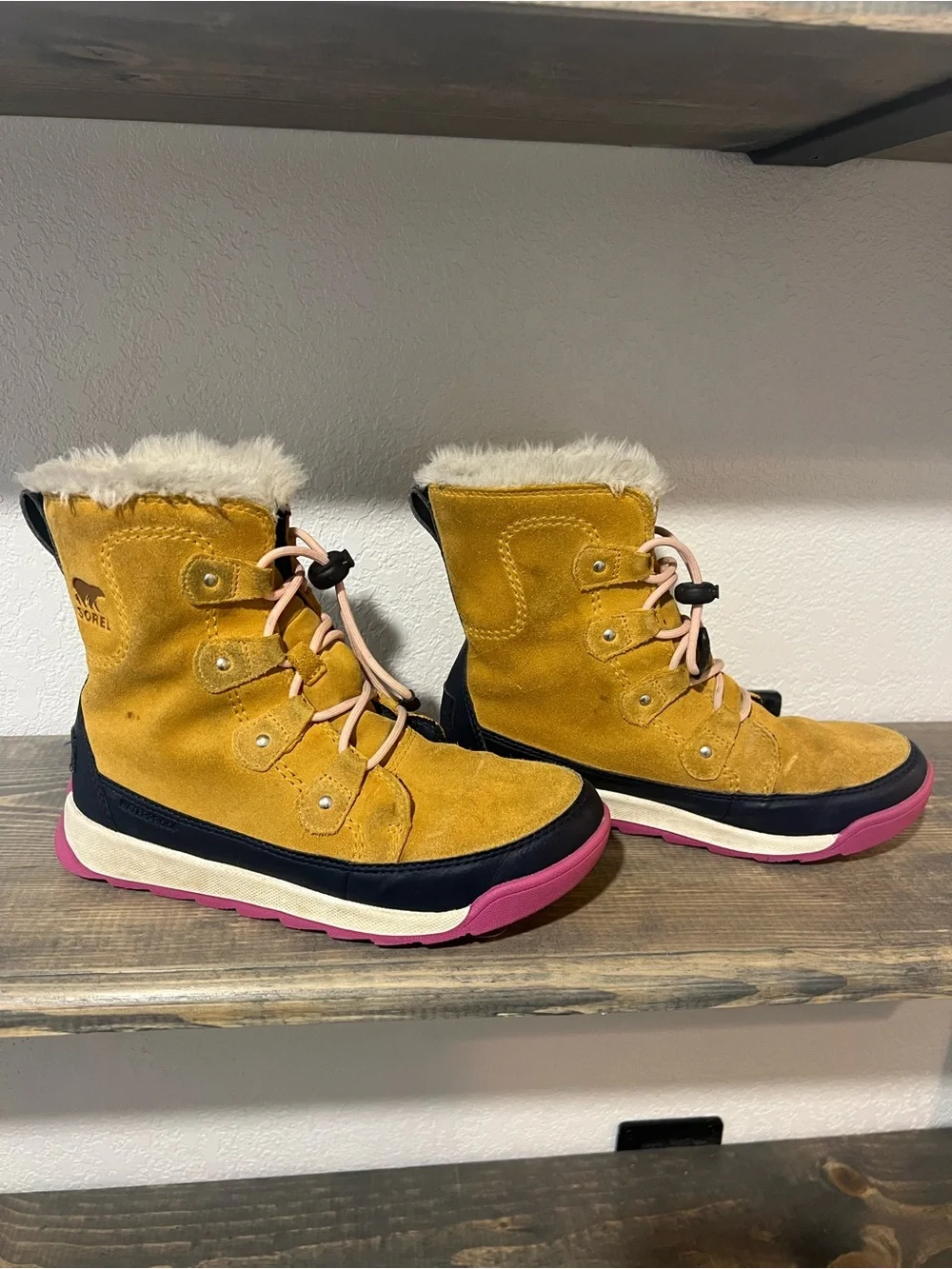 Tan Suede Winter Boots with Pink Sole